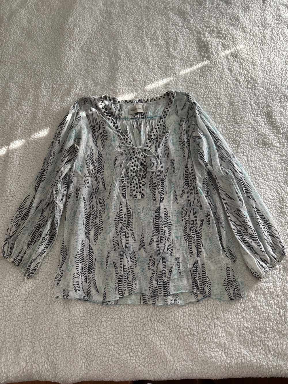 Zadig & Voltaire Light Blue, White and Black Printed Lace-Up Tunic